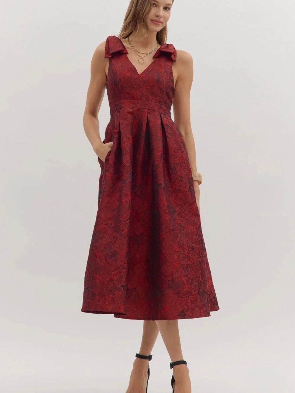 Sleeveless V-Neck Floral Jacquard Midi Dress - Red with Bow Shoulders
